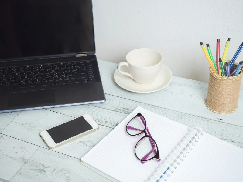 vecteezy workspace on wood table laptop notebook glasses coffee cup 16664303